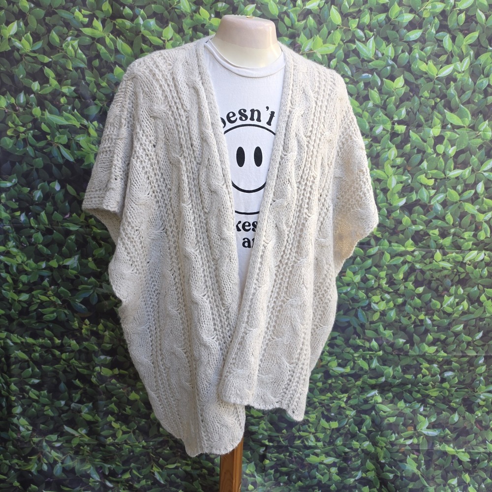 Aerie One Size Cable Knit Open Cardigan Beige Mohair Blend Oversized Sweater